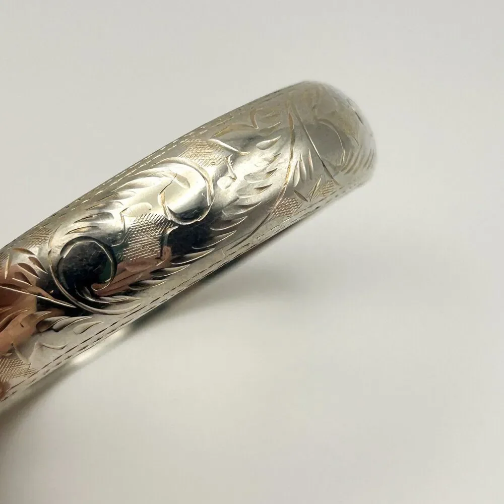 Sterling Silver 925 FAS Hinged Bangle Bracelet, Etched Design, Vintage